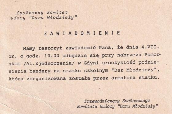 Zawiadomienie o podniesieniu bandery na "Darze Młodzieży" 4 lipca 1982 roku